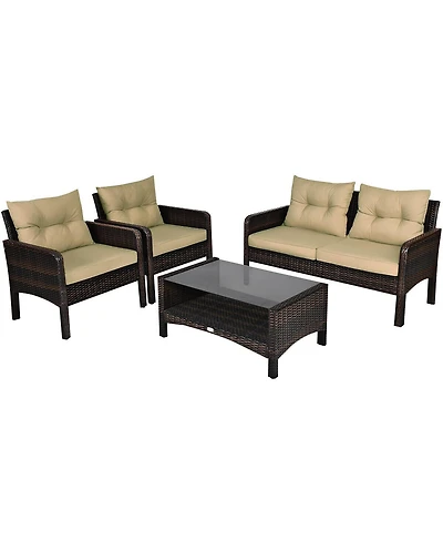Slickblue 4PCS Patio Rattan Loveseat Seating Set with Cushioned Chairs