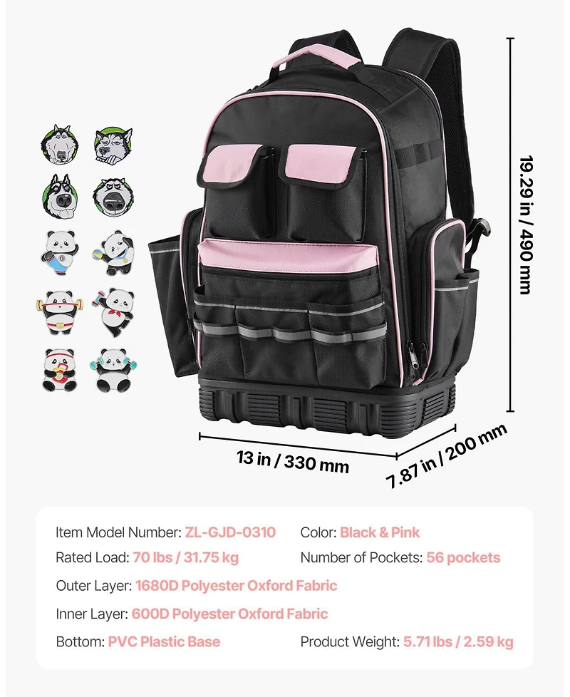 Mecale Tool Backpack, 56 Pockets, Heavy-Duty Tool Organizer with Laptop Compartment & Molded Base, Electrician Jobsite Backpack