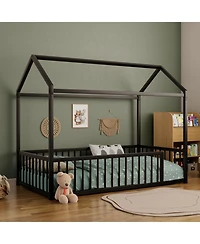 Streamdale Furniture Twin Montessori Metal Floor Bed Frame, House with Fence, Easy Assemble, Black