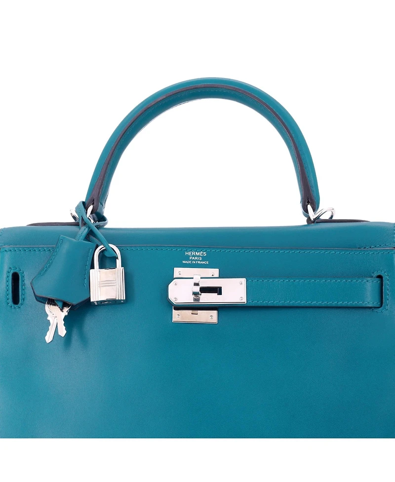 Pre-Owned HERMES Kelly 28 Handbag Blue Tadelakt with Palladium Hardware