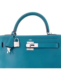 Pre-Owned HERMES Kelly 28 Handbag Blue Tadelakt with Palladium Hardware