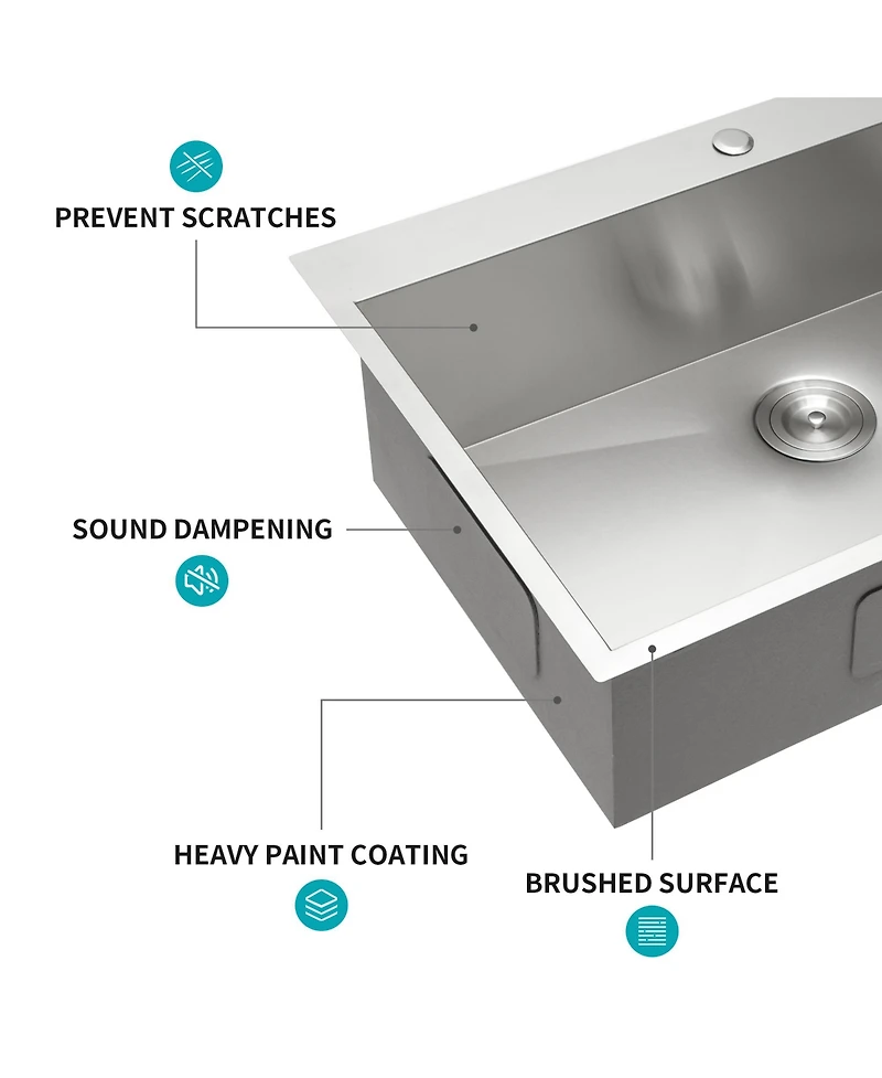 flynama 33x19x9inch Drop In Topmount Single Bowl Kitchen Sink 16 Gauge T304 Stainless Steel with Dish Grid Drain Assembly