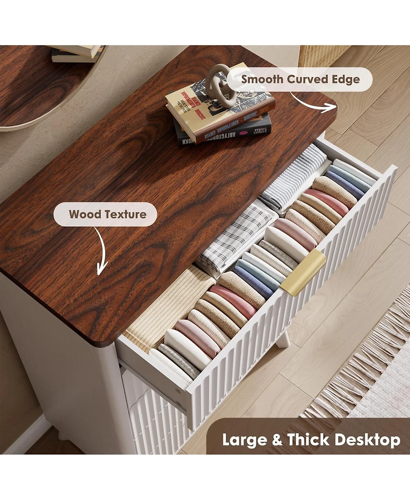 gaomon Fluted Dresser for Bedroom, 5 Deep Drawer Modern Wood Storage Chest, White