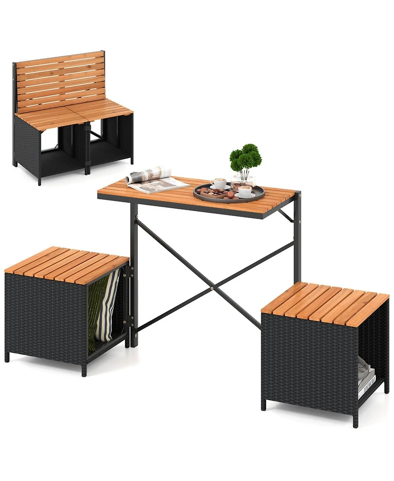 Costway 2-in-1 Outdoor Convertible Bench with Metal Frame Pe Rattan Table and Chairs Set