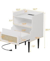 gaomon Nightstand Set of 2, Rattan End Table with Charging Station, 2 Open Shelves Beside Table with Drawer and Solid Legs, White