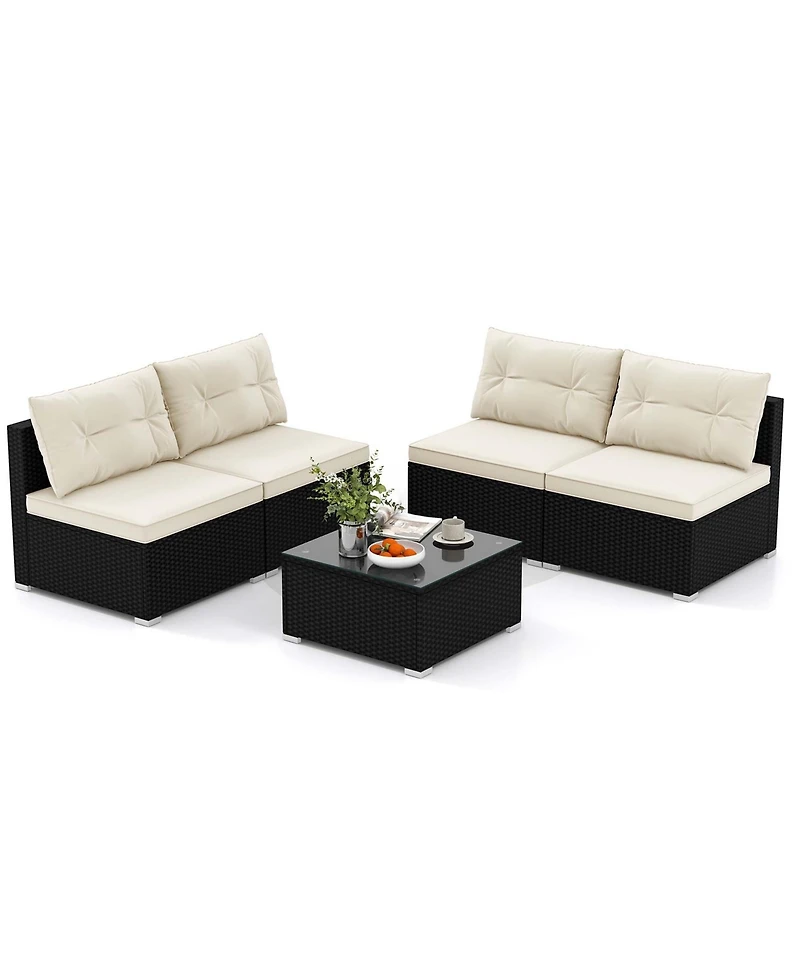 Costway 5 Pieces Outdoor Furniture Set with Seat & Back Cushions Tempered Glass Tabletop