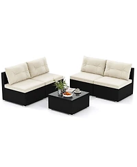 Costway 5 Pieces Outdoor Furniture Set with Seat & Back Cushions Tempered Glass Tabletop