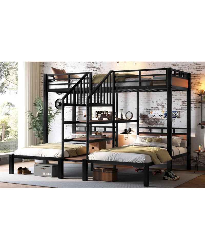 Streamdale Furniture Triple Metal Bunk Bed with Shelves & Stairs