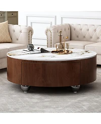 Streamdale Furniture Round Wood Coffee Table with Faux Marble Tabletop