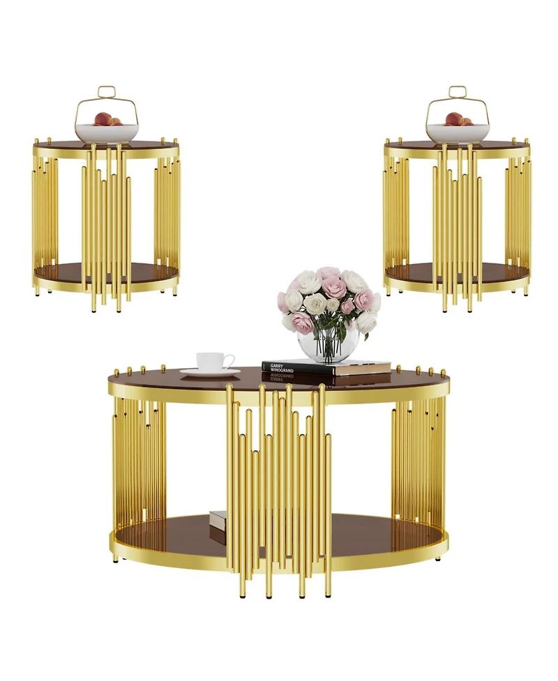 Streamdale Furniture 31.5" Modern Gold Coffee Table, Brown Tempered Glass, Stainless Steel Legs