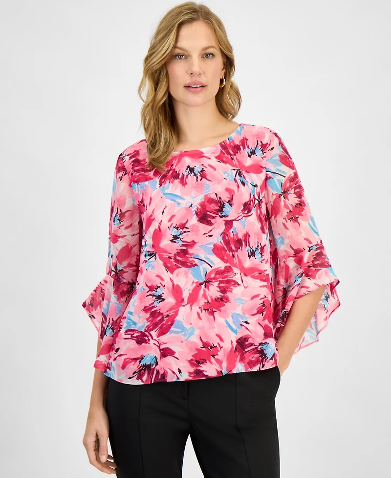 Kasper Women's Printed Ruffle-Sleeve Blouse