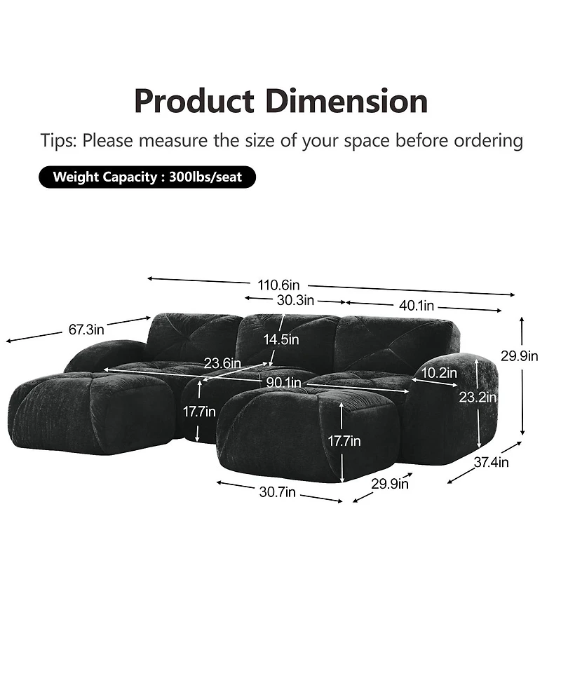 Streamdale Furniture U-shaped Boneless Sofa, Tufted, 32D High Density Sponge, Black