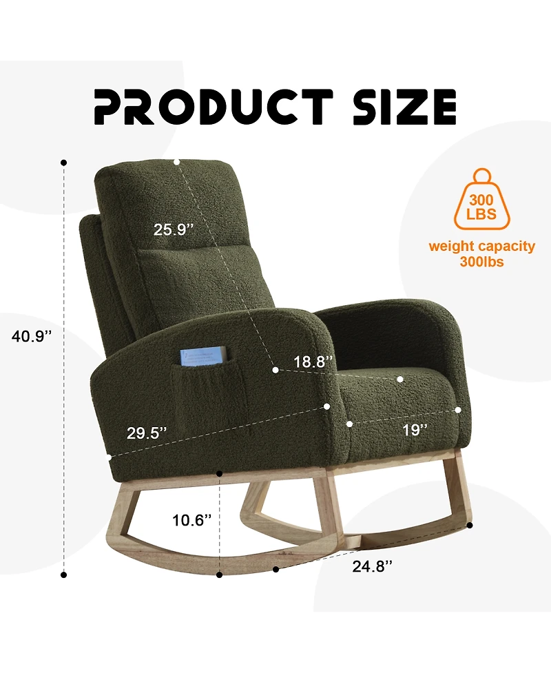 Streamdale Furniture Modern Accent Rocking Chair with Solid Wood Legs & Side Pocket (green, teddy