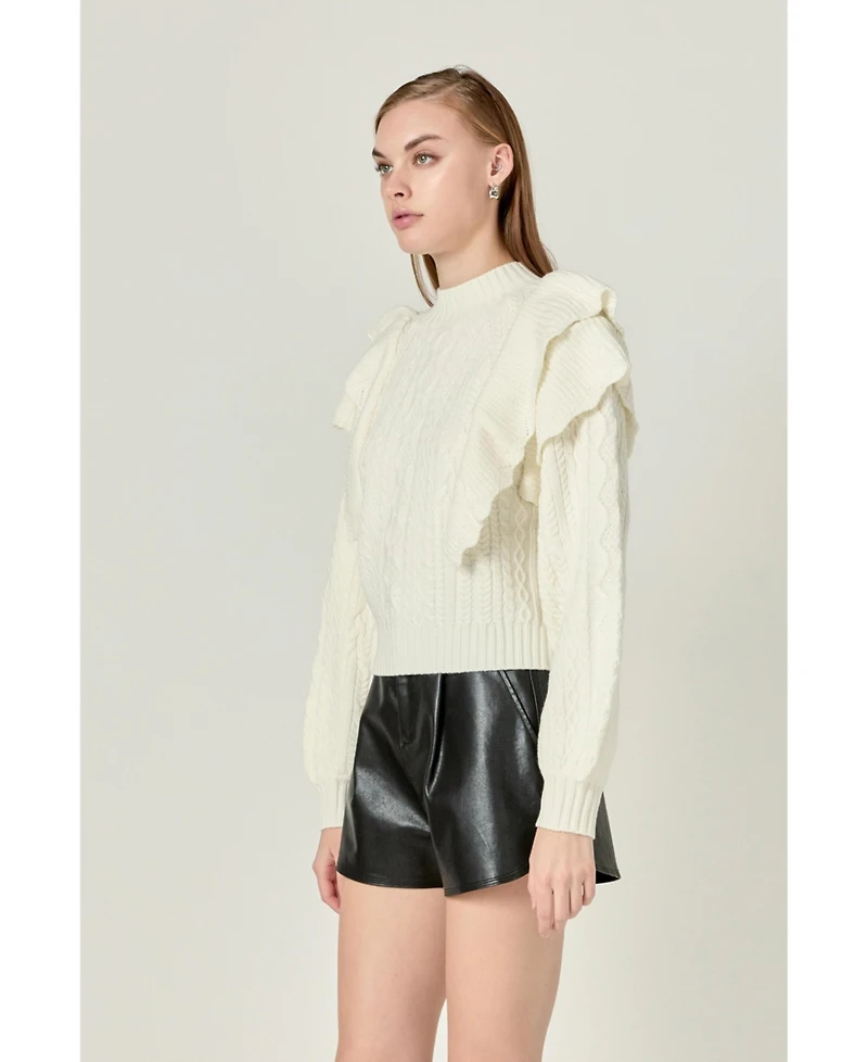 endless rose Women's Cable Knit Ruffled Sweater