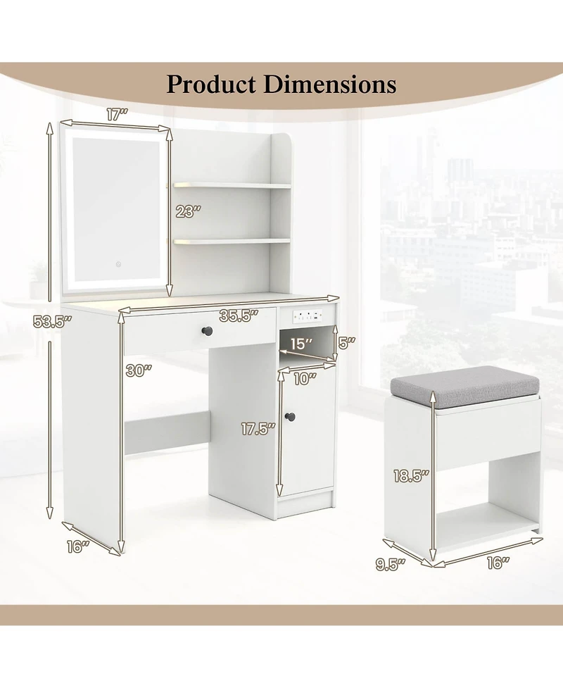 Costway Vanity Desk Set with Mirror & Lights Power Outlet Cushioned Stool