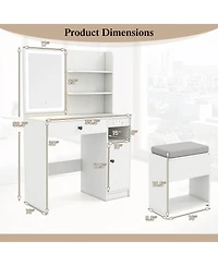 Costway Vanity Desk Set with Mirror & Lights Power Outlet Cushioned Stool