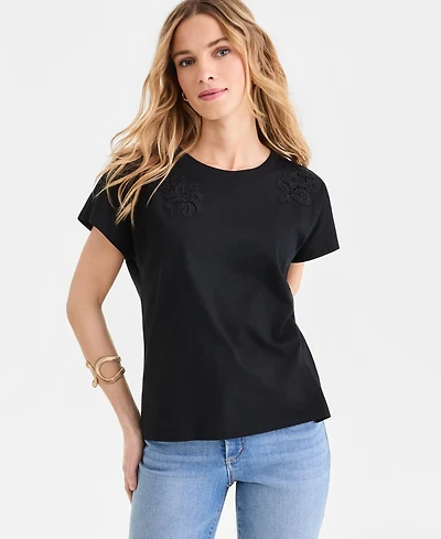 I.n.c. International Concepts Women's Lace-Trim Cotton T-Shirt, Macy's Exclusive