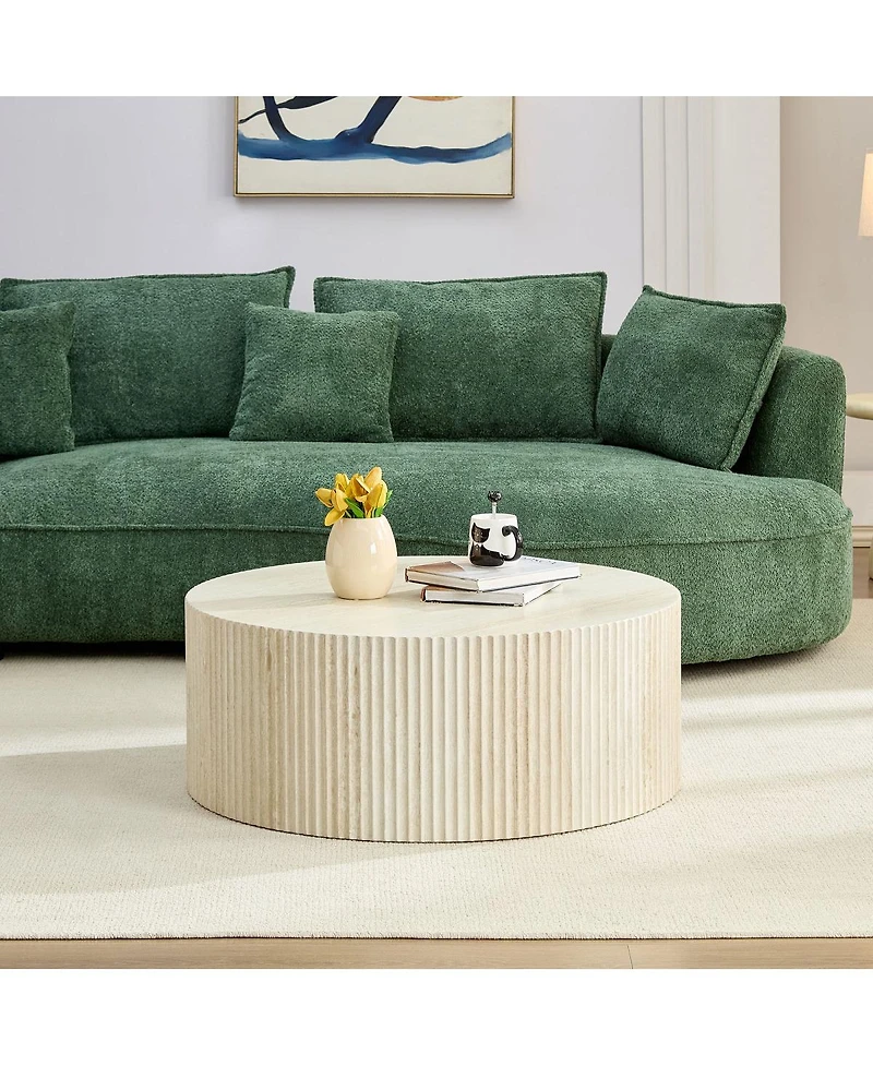 Streamdale Furniture Faux travertine Round Coffee Table with Eye-Catching Relief Design, Travertine