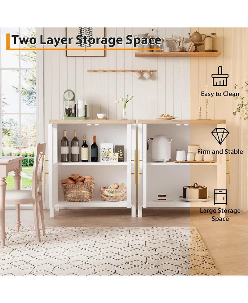 gaomon Sideboard Cabinet with 2 Glass Doors and Drawers, 29" Buffet with Solid Wood Top, White