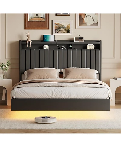 gaomon Full Floating Bed Frame with Led Lights & Charging Station, Upholstered Pu Leather Platform Storage Headboard