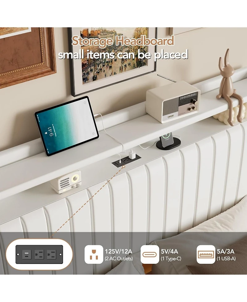 gaomon Full Floating Bed Frame with Led Lights & Charging Station, Upholstered Pu Leather Platform Storage Headboard