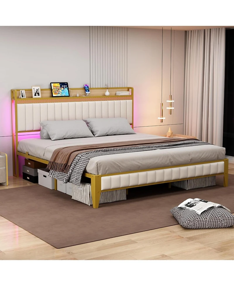 gaomon King Size White Led Bed Frame with Charging Station and Storage Headboard, Faux Leather Upholstered Metal Platform Bed, Usb Port