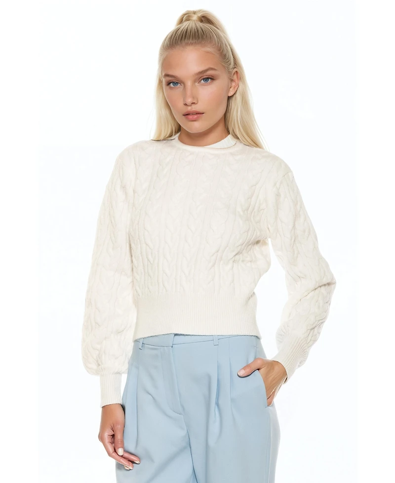 Alexia Admor Women's Berli Crewneck Bubble Sleeve Fully Knit Cable Sweater