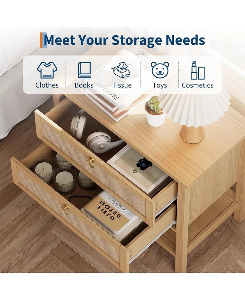 gaomon Rattan Nightstand Set of 2, Boho Bedside Tables with 2 Rattan Drawers & Large Storage, Brown