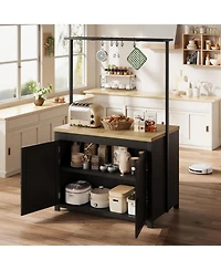 gaomon 42" Kitchen Island with Storage, Heavy Duty Mobile Cart with Solid Wood Top, Shelves & Hooks, Black