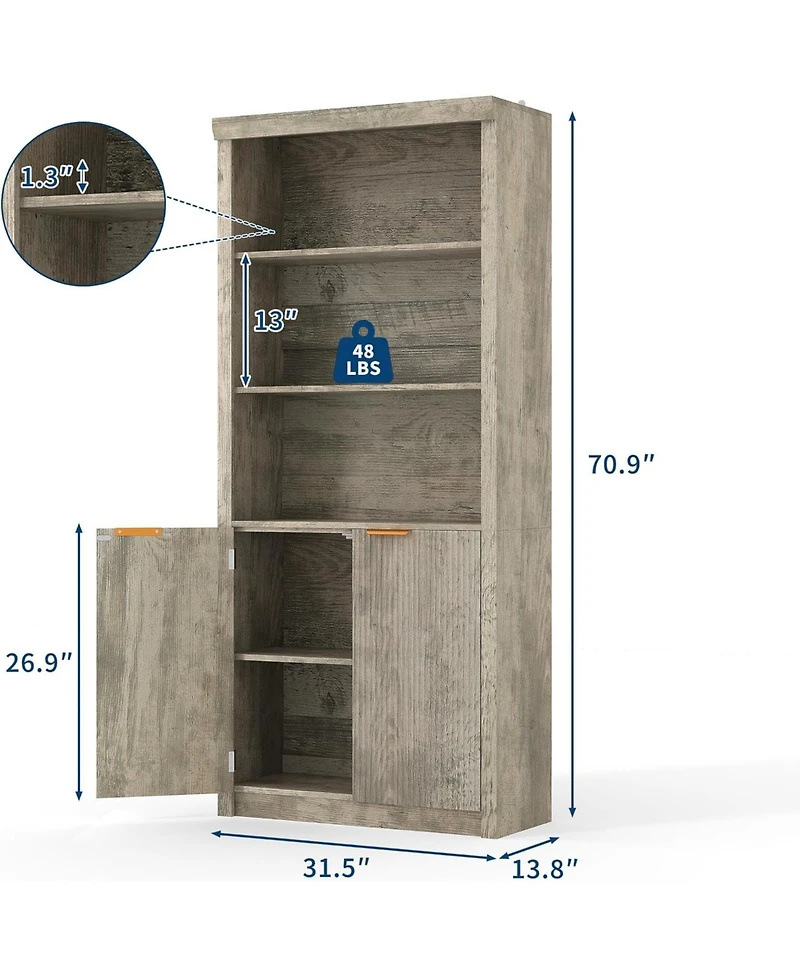 gaomon 5-Tier Bookcase with Storage Cabinet & Adjustable Shelf, Mid-Century Modern Bookshelf for Home Office, Grey