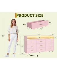 gaomon 9-Drawer Tall Dresser with Rgb Lights & Charging Station, App-Controlled Led Wooden Storage Chest, Pink