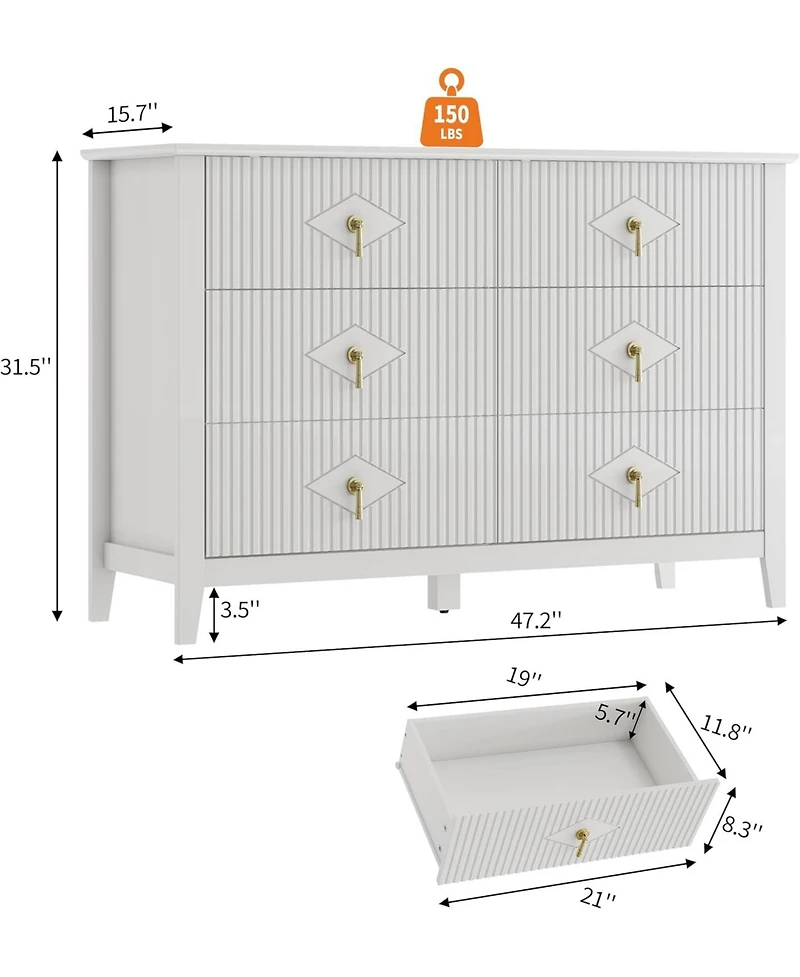 gaomon 47" Wide Fluted Dresser, 6 Drawer Modern Wood Storage Chest for Bedroom or Living Room