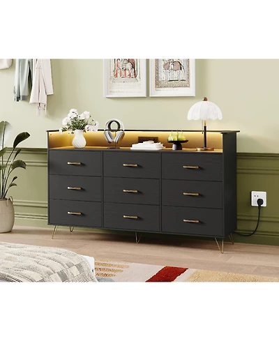 gaomon 9-Drawer Tall Dresser with Rgb Lights & Charging Station, App-Controlled Led Wooden Storage Chest