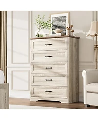 gaomon 5-Drawer Tall Dresser for Bedroom, Farmhouse Wooden Chest with Wide Metal Handles, Storage Organizer