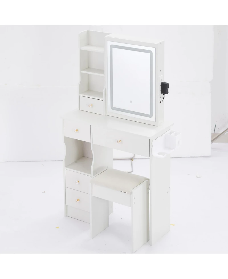 Streamdale Furniture 2-Piece Wood Vanity Table Set with Drawer, Cushioned Stool, Led Mirror, Power Outlets, Hairdryer Holder