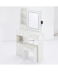 Streamdale Furniture 2-Piece Wood Vanity Table Set with Drawer, Cushioned Stool, Led Mirror, Power Outlets, Hairdryer Holder