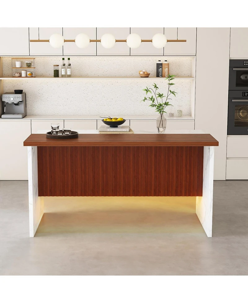 Streamdale Furniture 63" Modern White Kitchen Island with Marble-Look Surface & Led Lights (Island Only