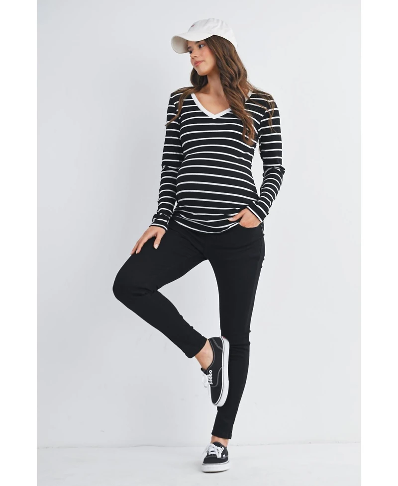 Hello Miz Maternity Striped V Neck Long Sleeve Top