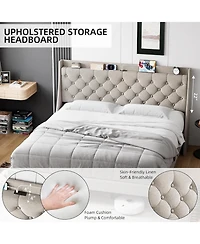 gaomon King Linen Upholstered Platform Bed Frame with Wingback Headboard Built-in Storage Shelf Power Outlets Usb Ports Wood Slats Underbed Space