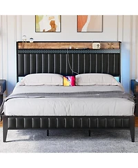 gaomon Queen Size Bed Frame with Storage Headboard, Led Platform Bed Frame with Charging Station, No Spring Box Need, Easy Assembly