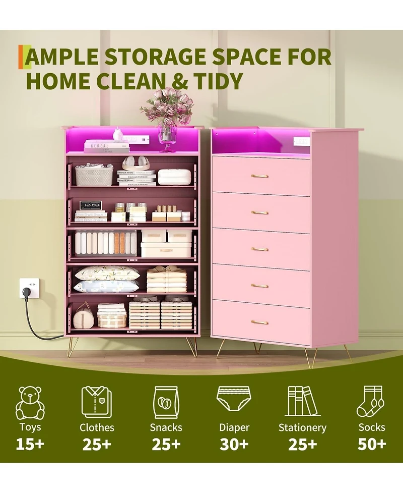 gaomon Tall 5-Drawer Dresser with Rgb Lights & Charging Station, App-Controlled Led Wooden Chest for Bedroom, Pink