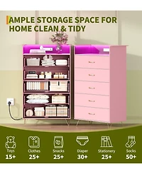 gaomon Tall 5-Drawer Dresser with Rgb Lights & Charging Station, App-Controlled Led Wooden Chest for Bedroom, Pink