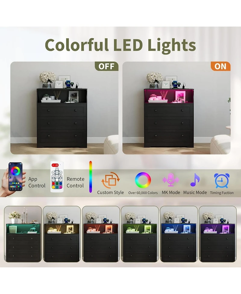 gaomon 3-Drawer Wooden Dresser with Led Lights & Charging Station