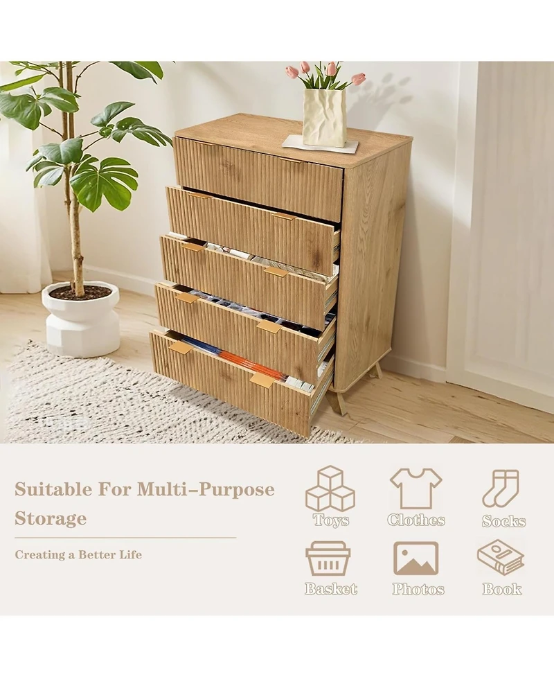 gaomon 48" Tall 5-Drawer Fluted Dresser, Mid-Century Storage Chest for Bedroom and Entryway, Beige