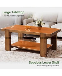 Tribesigns Solid Wood Coffee Table with 2-Tier Storage Shelf, 47.2" Farmhouse Rectangle Center Table Furniture for Living Room, Apartment, Office