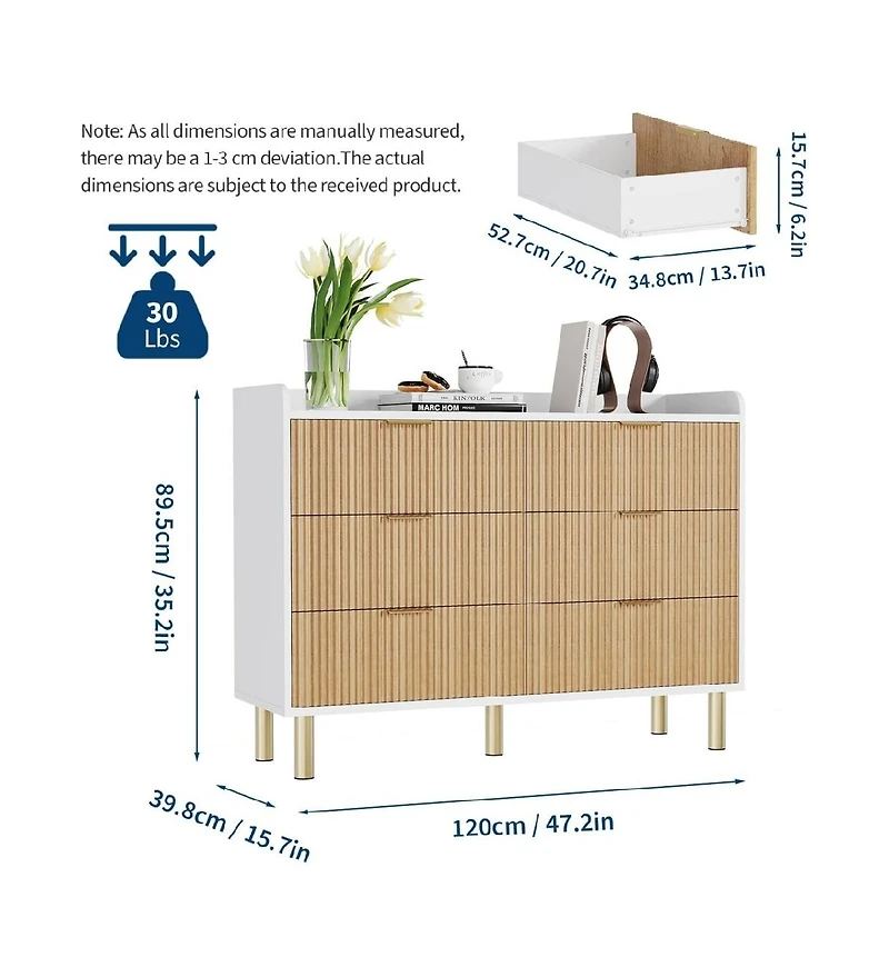 gaomon 47" Fluted Double Dresser for Bedroom, Curved Wooden Chest with Metal Handles & Wide Storage