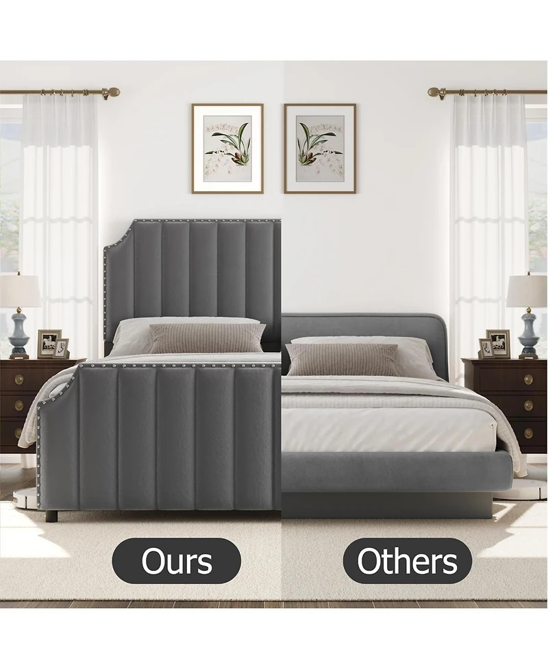 gaomon Upholstered Bed Frame, Vertical Lines Platform with Velvet Headboard & Footboard, Stylish Copper Nails, Metal Mattress Foundation