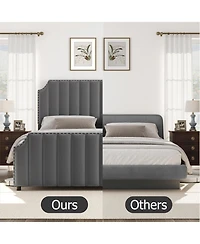 gaomon Upholstered Bed Frame, Vertical Lines Platform with Velvet Headboard & Footboard, Stylish Copper Nails, Metal Mattress Foundation