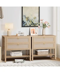 gaomon Rattan Nightstand Set of 2, Boho Bedside Tables with 2 Rattan Drawers & Large Storage