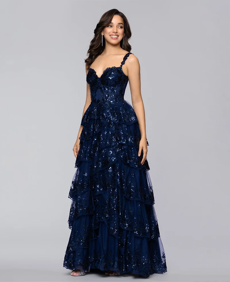 Blondie Nites Women's Sweetheart Sequin Lace Tiered Ball Gown